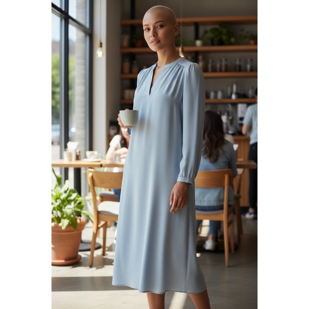 Vtg 80s Doncaster Light Blue Sheath Long Sleeve Midi Dress Women S Mod Secretary